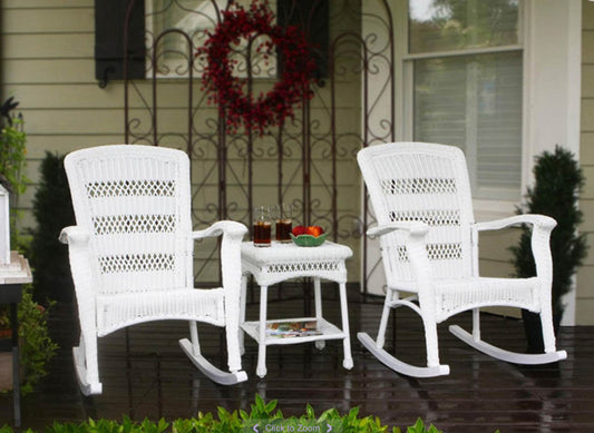 Tortuga- Portside Plantation White Wicker Rocking Chair Outdoor Furniture with Fade-Resistant Navy Cushion. (SET OF 2 Chairs) table included