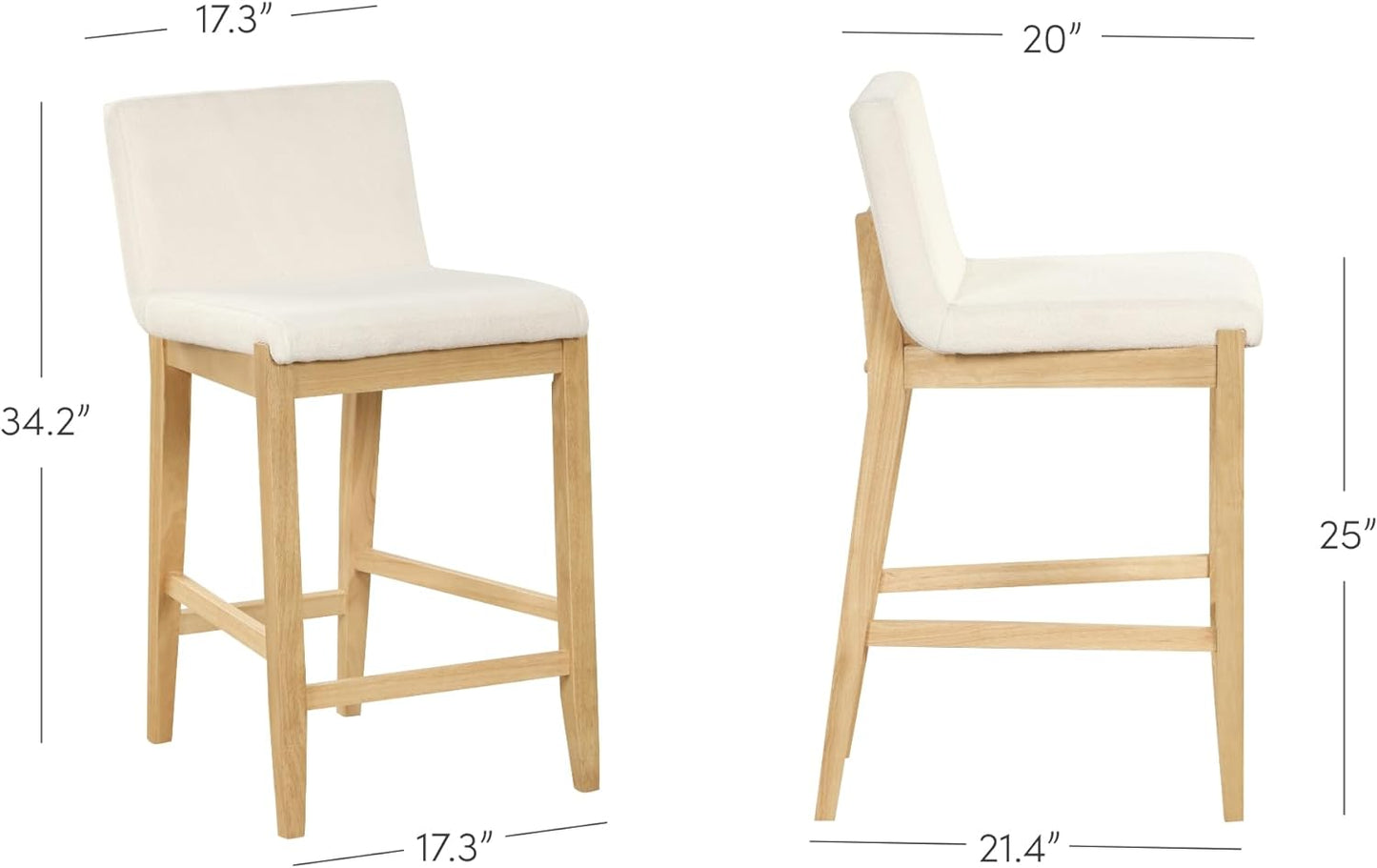 Gracie Modern Bar Stool, Boucle Upholstered Chair and Brushed Wooden Legs