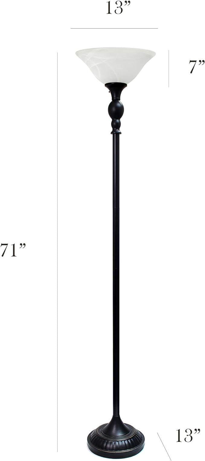 Elegant Designs 1 Light Torchiere Floor Lamp with Marbleized White Glass Shade, Restoration Bronze and White