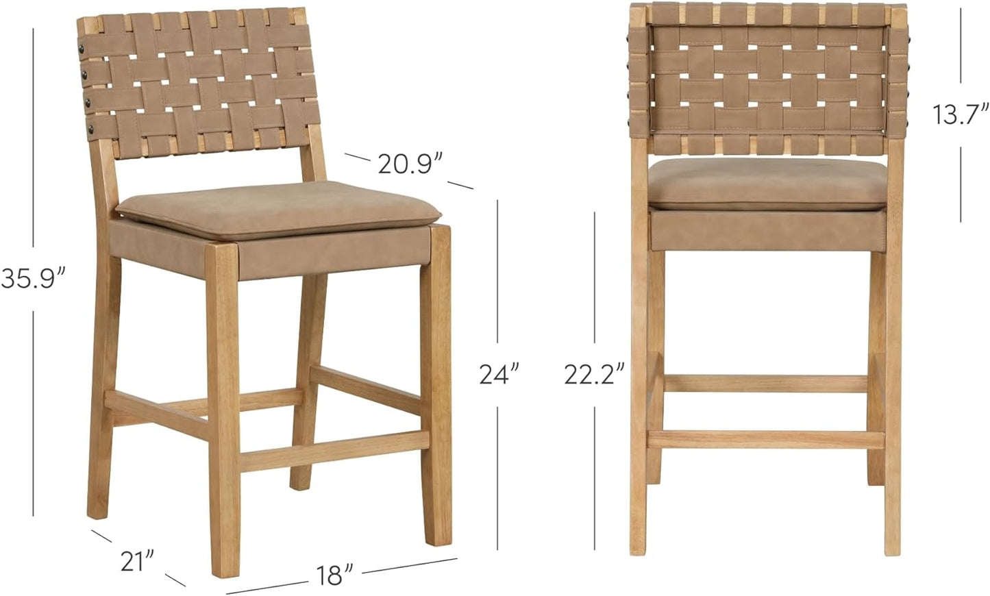 Wood Frame with Footrest and Woven Leather Back for Kitchen, Natural Brown