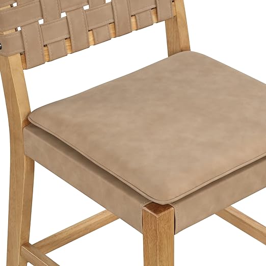 Wood Frame with Footrest and Woven Leather Back for Kitchen, Natural Brown