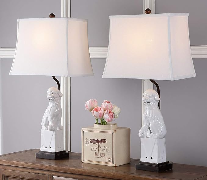 SAFAVIEH Lighting 28-inch White Foo Dog Table Lamp (Set of 2) - 14"x9"x28.5"