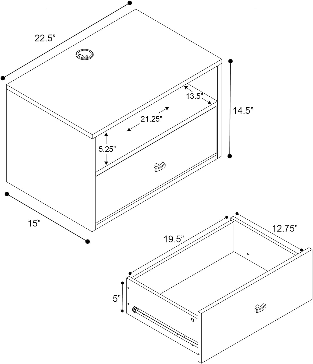 Prepac Floating Composite Wood Nightstand with Open Shelf in Drifted Gray/White
