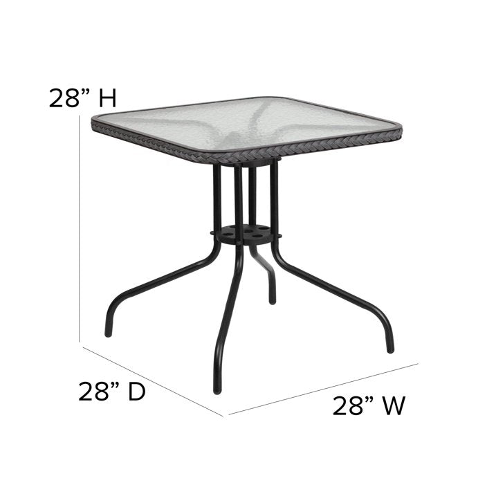 28" Square Tempered Glass Metal Table with Rattan Edging - Gray