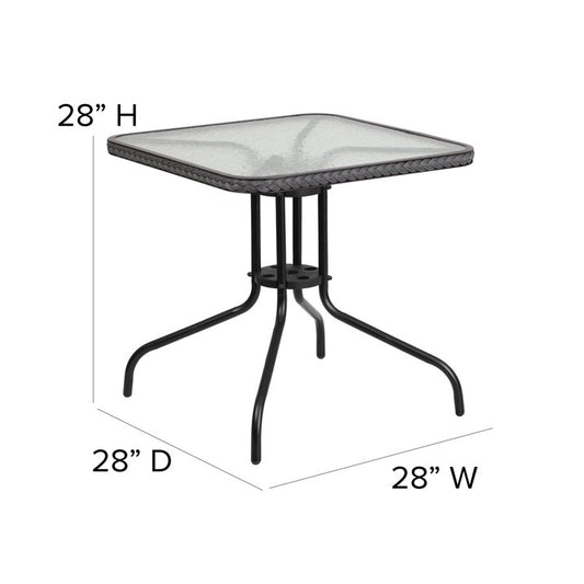 28" Square Tempered Glass Metal Table with Rattan Edging - Gray
