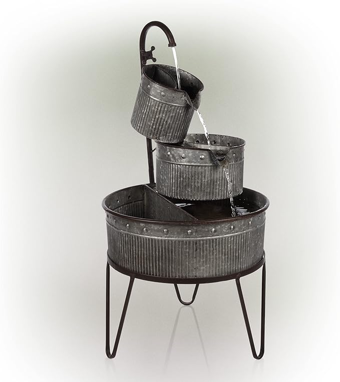 Alpine 3-Tier Stacked Rustic Metal Tub Planter Fountain