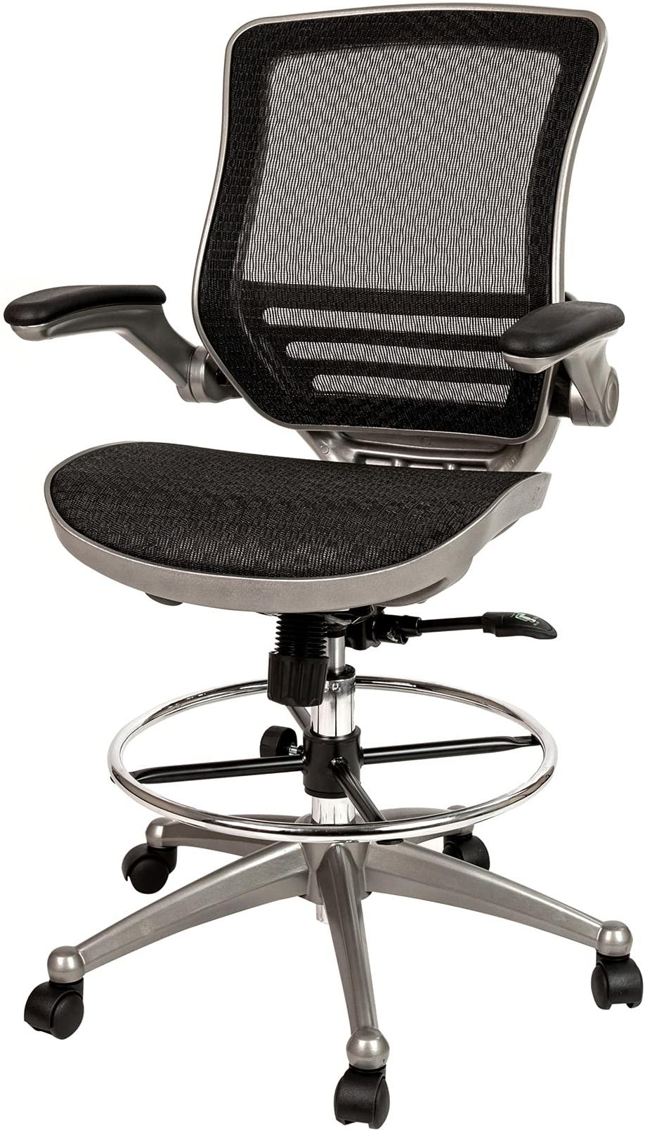 Mid-Back Transparent Black Mesh Drafting Chair with Graphite Silver Frame and Flip-Up Arms