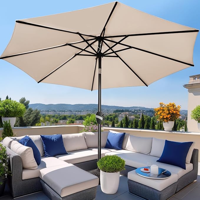 9' Deluxe Auto-Tilt Umbrella with Black Pole - Natural