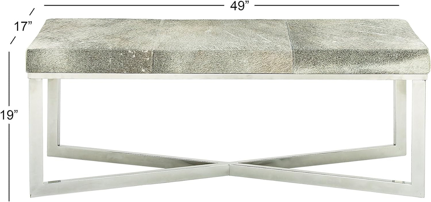 Gray Leather Handmade Cowhide Bench with Silver Metal Base - 49 x 17 x 19