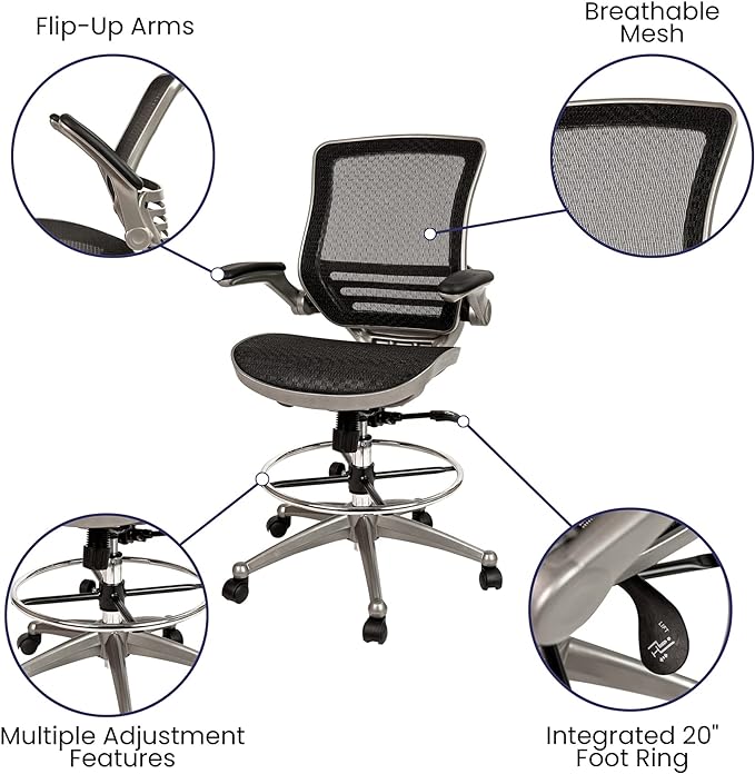 Mid-Back Transparent Black Mesh Drafting Chair with Graphite Silver Frame and Flip-Up Arms