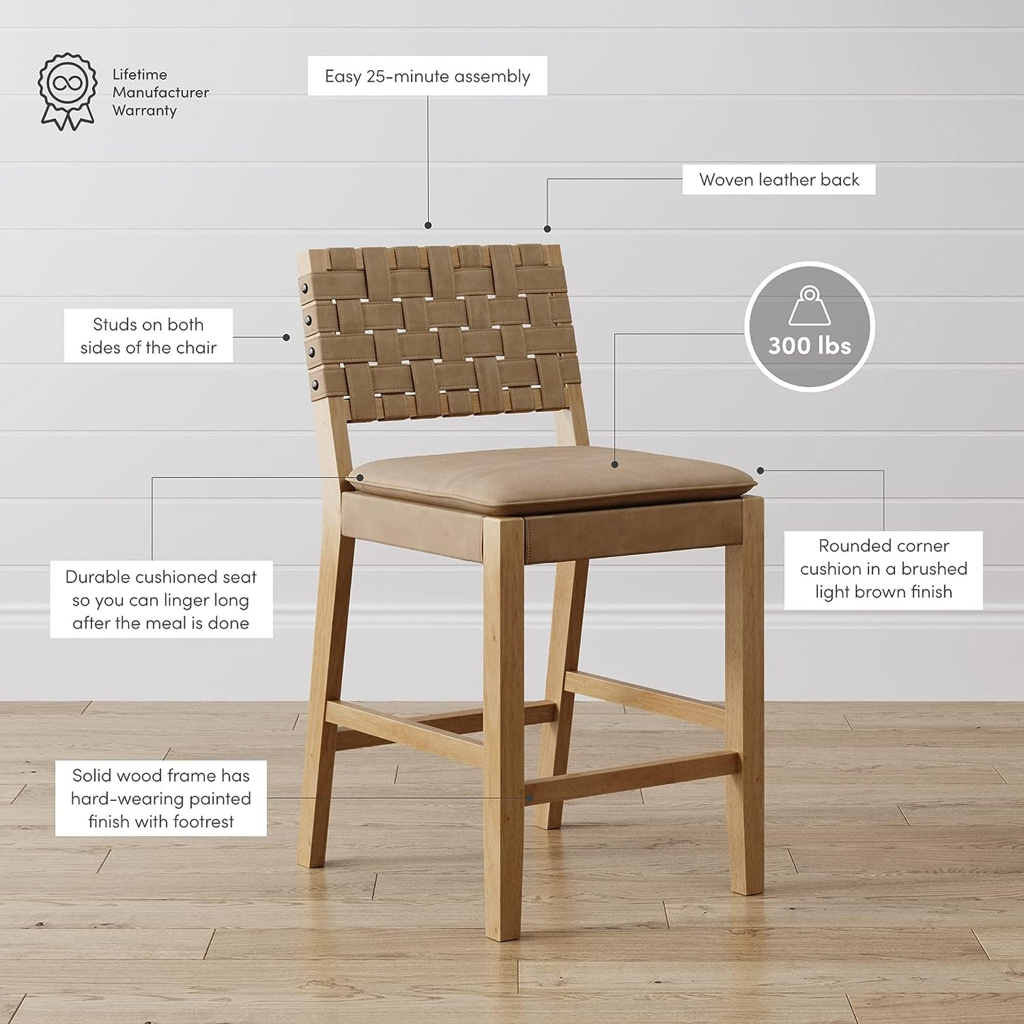 Wood Frame with Footrest and Woven Leather Back for Kitchen, Natural Brown