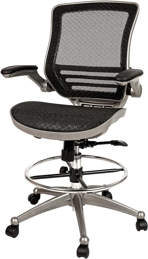Mid-Back Transparent Black Mesh Drafting Chair with Graphite Silver Frame and Flip-Up Arms