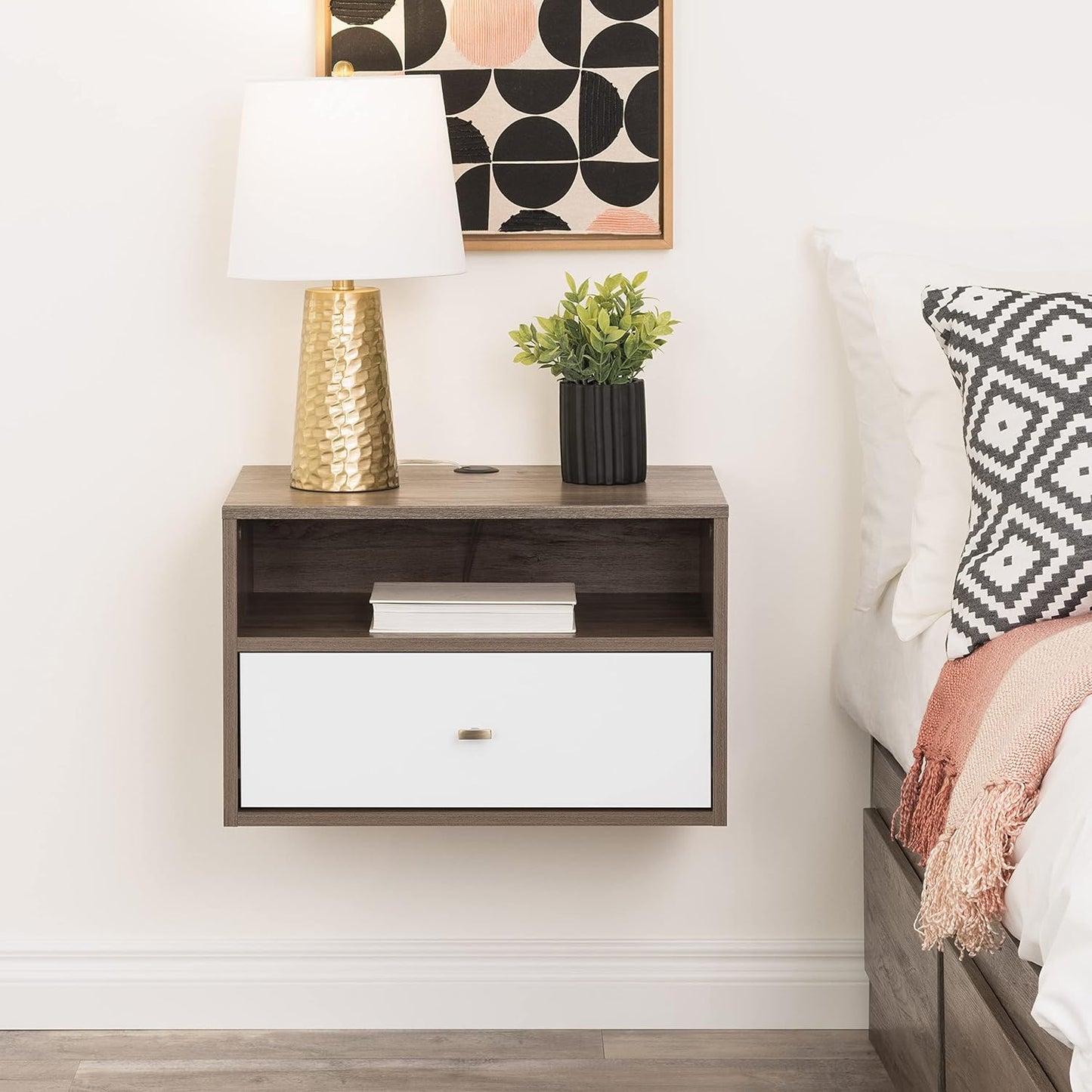 Prepac Floating Composite Wood Nightstand with Open Shelf in Drifted Gray/White
