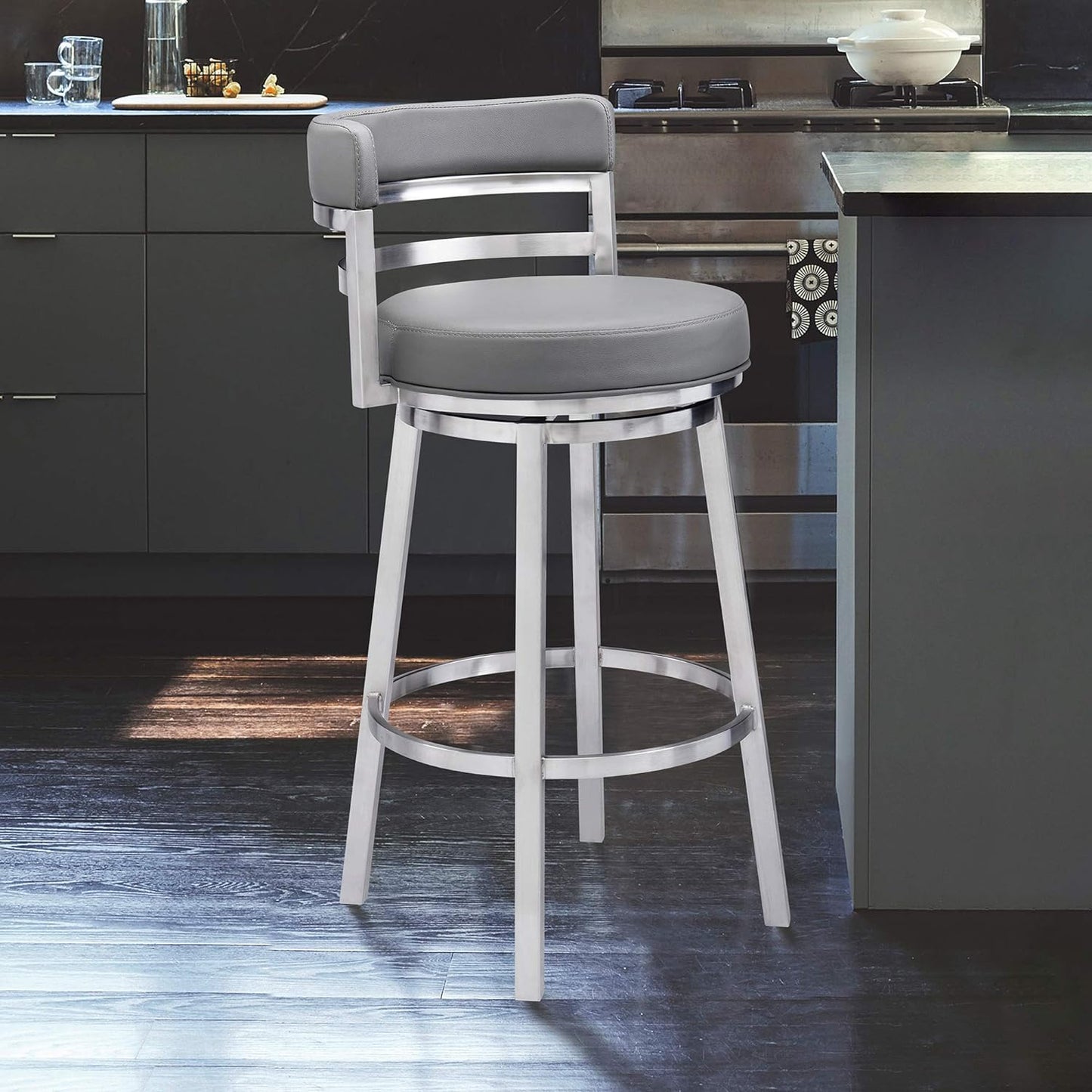 Armen Living Madrid Brushed Stainless Steel Faux Leather Barstool- White or Gray