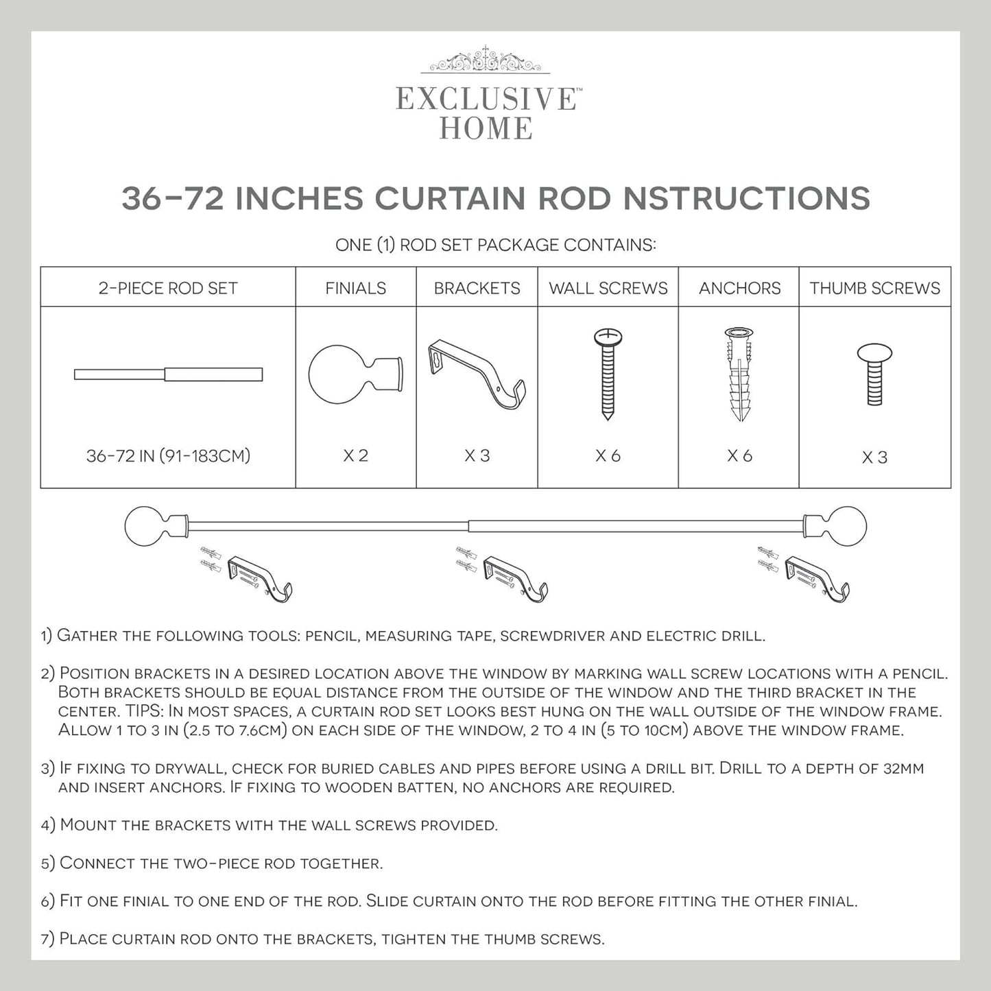 ATI Home Ogee 1" Adjustable Curtain Rod and Finial Set