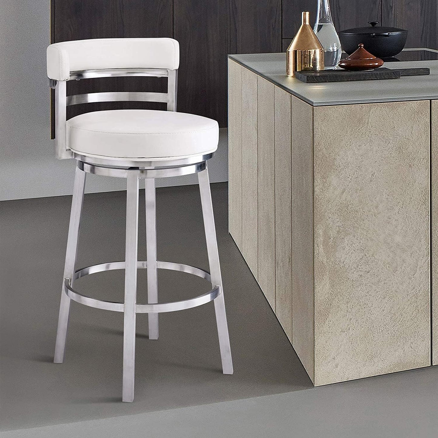 Armen Living Madrid Brushed Stainless Steel Faux Leather Barstool- White or Gray