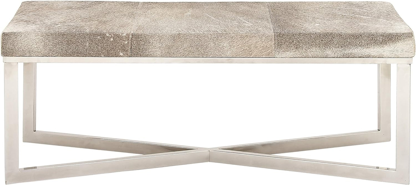 Gray Leather Handmade Cowhide Bench with Silver Metal Base - 49 x 17 x 19