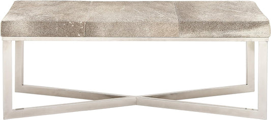 Gray Leather Handmade Cowhide Bench with Silver Metal Base - 49 x 17 x 19