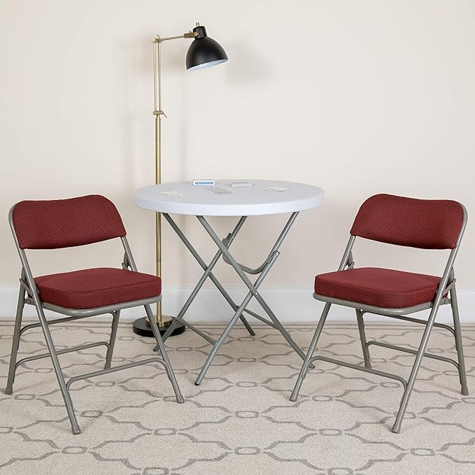 Series Premium Curved Triple Braced & Double Hinged Burgundy Fabric Metal Folding Chair - Set of 4