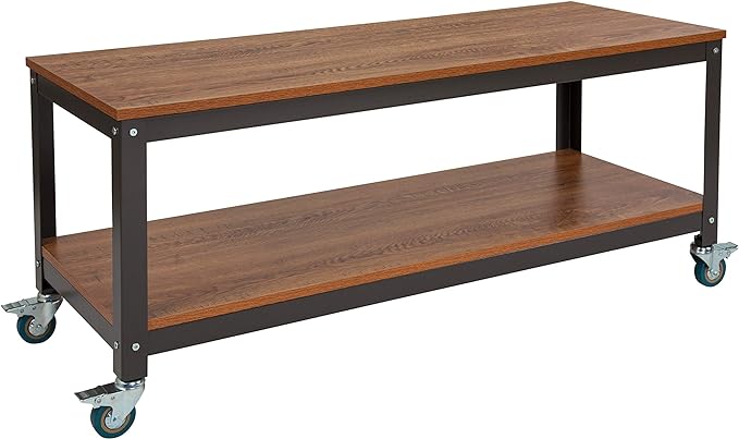 Flash Furniture Livingston Collection TV Stand in Brown Oak Wood Grain Finish with Metal Wheels