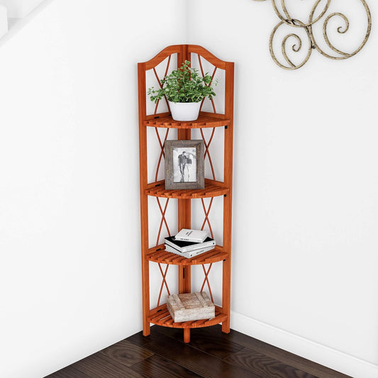 4 tier Wood Folding Corner Display Shelf-Pecan