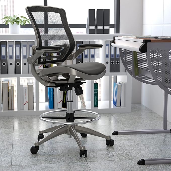 Mid-Back Transparent Black Mesh Drafting Chair with Graphite Silver Frame and Flip-Up Arms