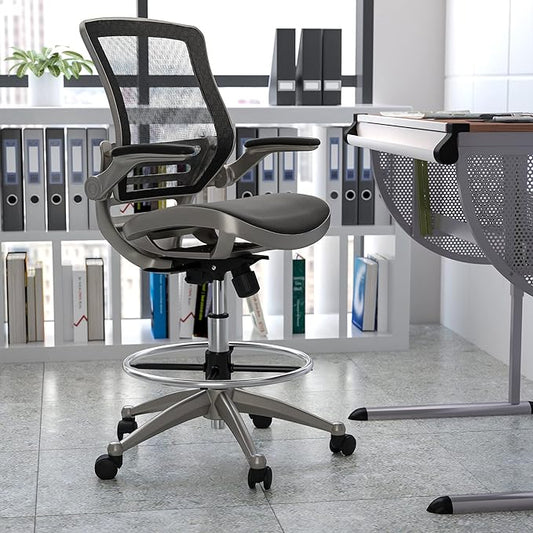 Mid-Back Transparent Black Mesh Drafting Chair with Graphite Silver Frame and Flip-Up Arms