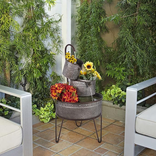 Alpine 3-Tier Stacked Rustic Metal Tub Planter Fountain