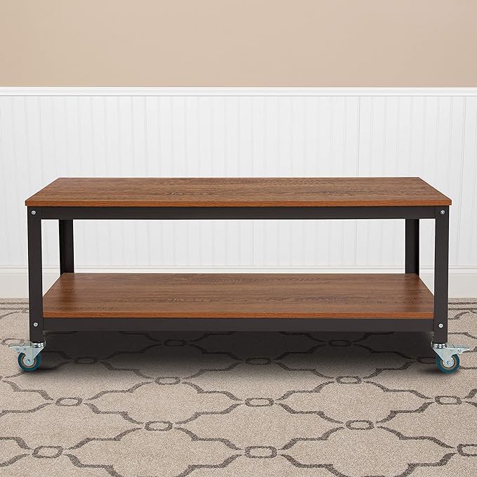 Flash Furniture Livingston Collection TV Stand in Brown Oak Wood Grain Finish with Metal Wheels