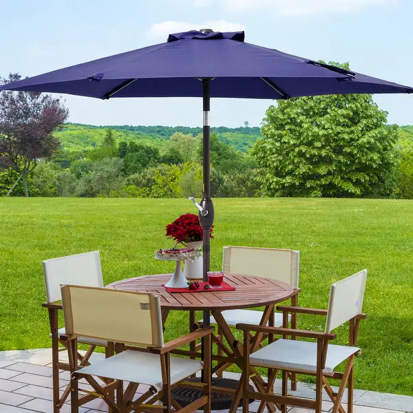 7.5' Steel Market Crank Outdoor Patio Umbrella - Navy Blue/Beige/Red