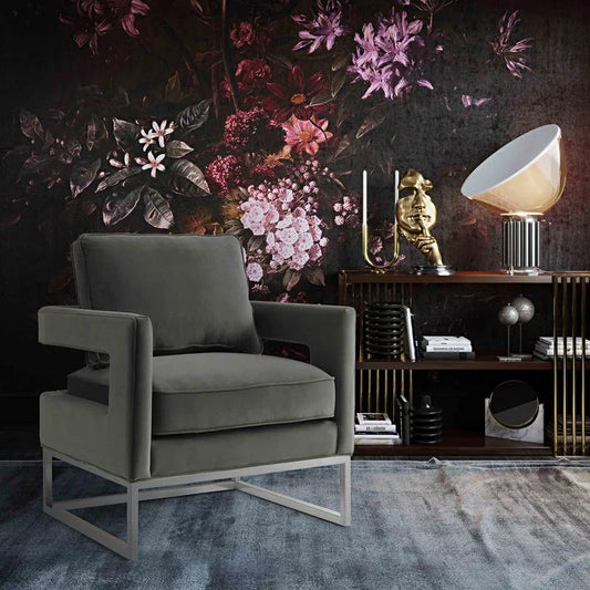 Avery Velvet Chair with Silver Frame-Grey