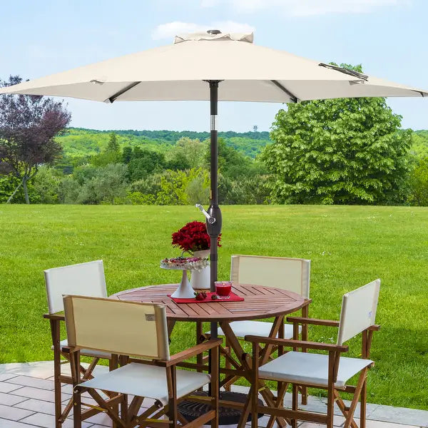 7.5' Steel Market Crank Outdoor Patio Umbrella - Navy Blue/Beige/Red