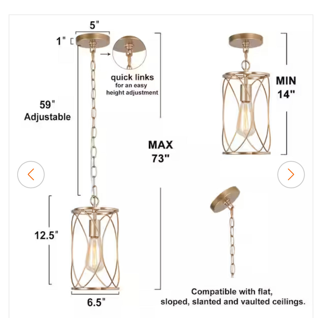 Uolfin Modern Gold Kitchen Island Pendant Light, 1-Light Mid-Century Dining Room Hanging Pendant Light for Foyer
