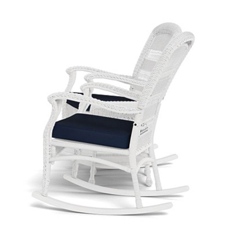 Tortuga- Portside Plantation White Wicker Rocking Chair Outdoor Furniture with Fade-Resistant Navy Cushion. (SET OF 2 Chairs) table included