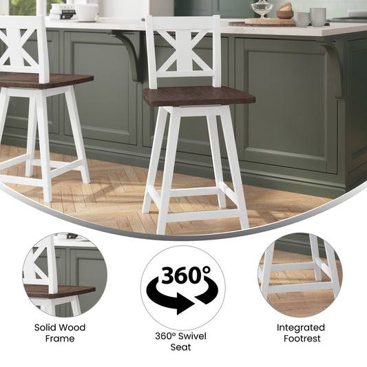 Gwendolyn Commercial Grade Modern Farmhouse Barstool -(SET OF 2) Antique White  Frame - Brown wash seat- Bar Height - 360° Swivel Seat - Integrated Footrest