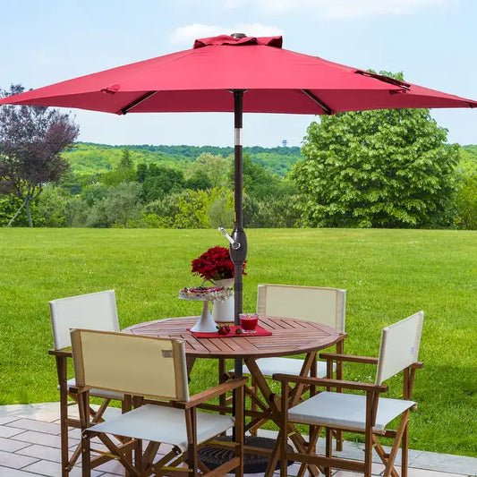 7.5' Steel Market Crank Outdoor Patio Umbrella - Navy Blue/Beige/Red