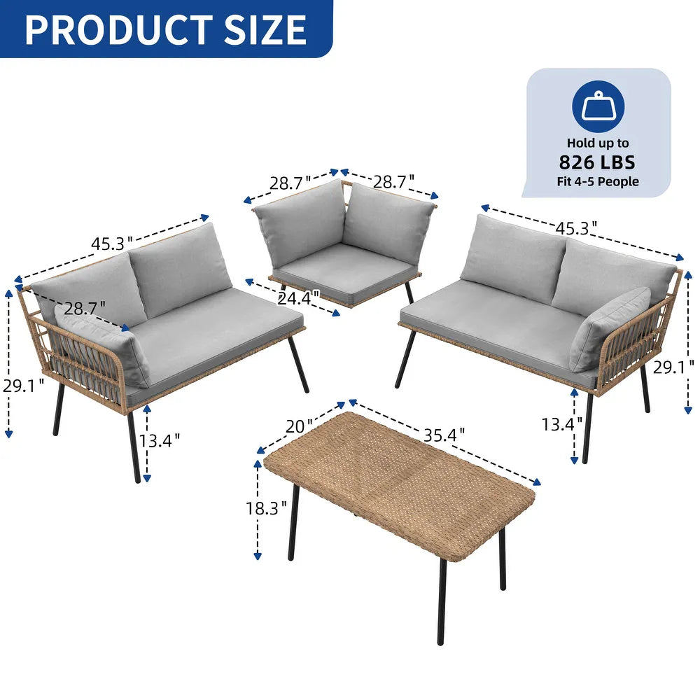 Fernald Wicker 4PCS Patio Furniture Set Outdoor Rattan Conversation Sectional L-Shaped Sofa 5 Seater Grey