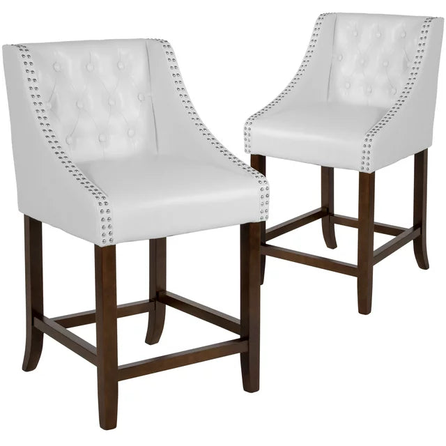 Carmel Series 24" Button Tufted Faux Leather Counter Stool - White/Walnut