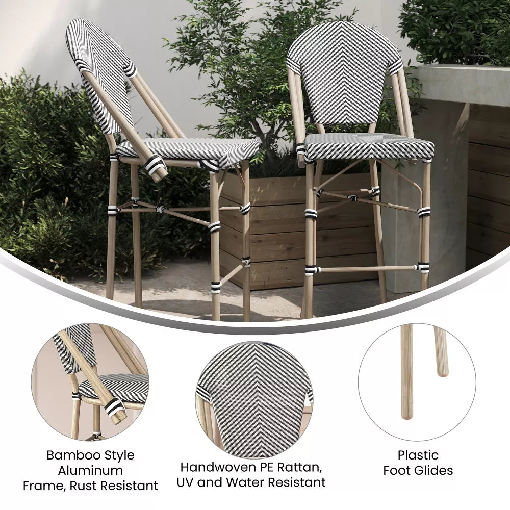 Marseille 30" Outdoor French Bistro Barstool -Black/White/Brown, set of 2