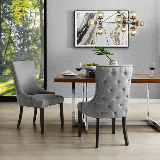 Button Tufted Dining Chair with Nailhead Trim - Set of 2, Light Gray