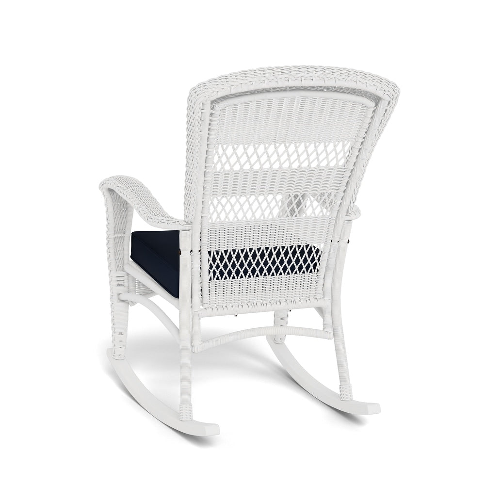 Tortuga- Portside Plantation White Wicker Rocking Chair Outdoor Furniture with Fade-Resistant Navy Cushion. (SET OF 2 Chairs) table included