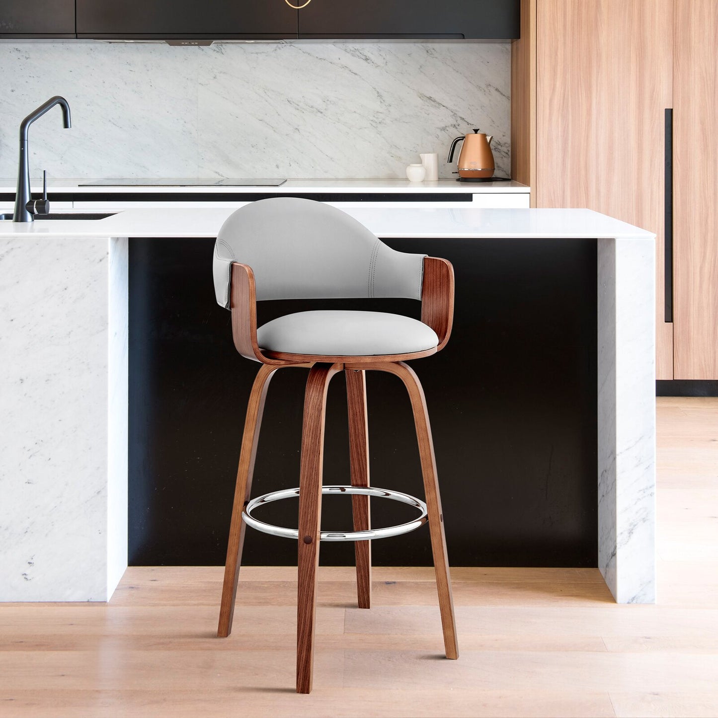 Romarin Swivel Faux Leather Counter & Bar Stool with Wood Arms & Legs and Metal Footrest