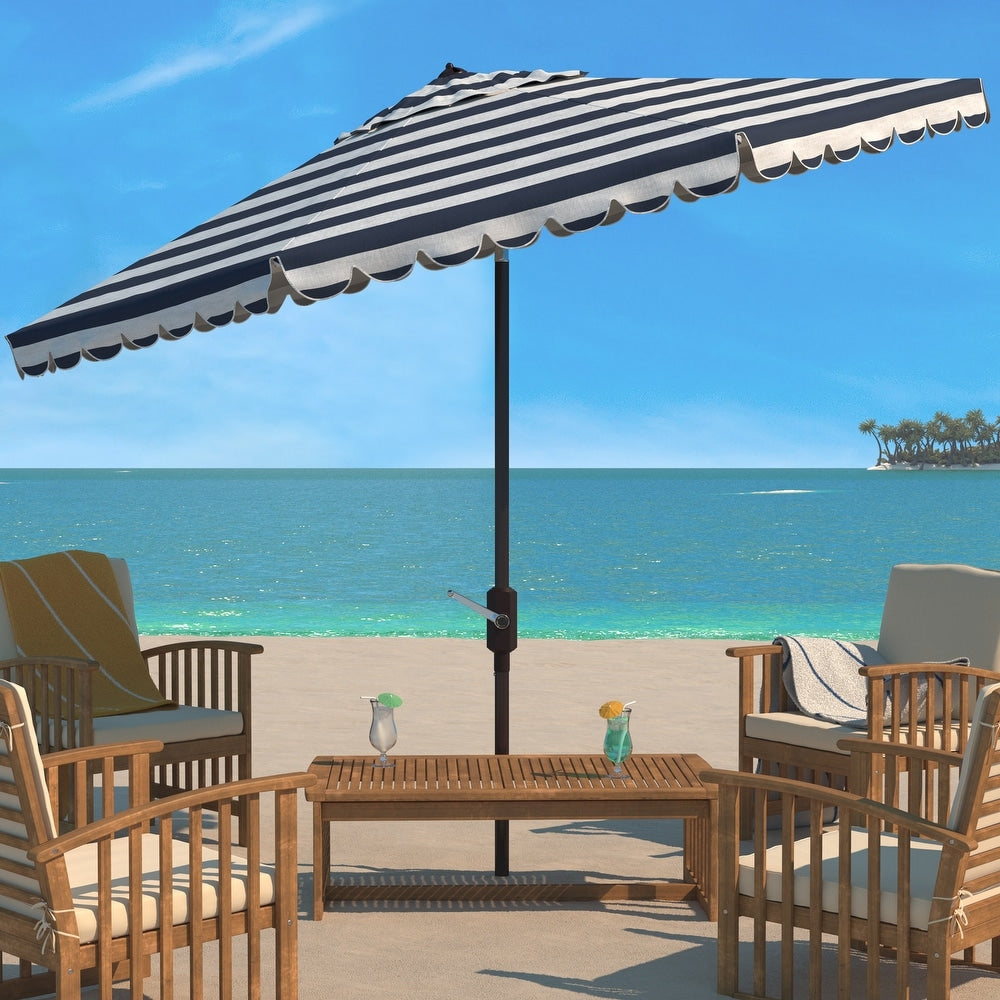 SAFAVIEH Outdoor Living Vienna 9 ft Round Crank Umbrella - Black/White