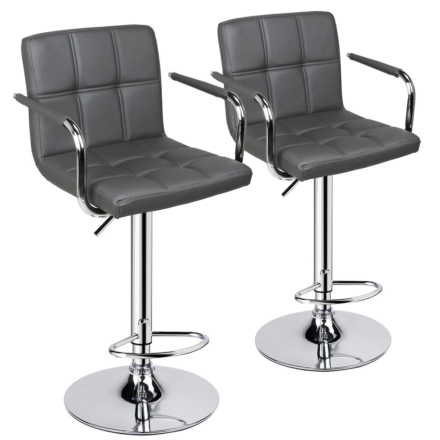 Genna Adjustable Quilted Swivel Bar Stool with Arms - Gray (Set of 2)
