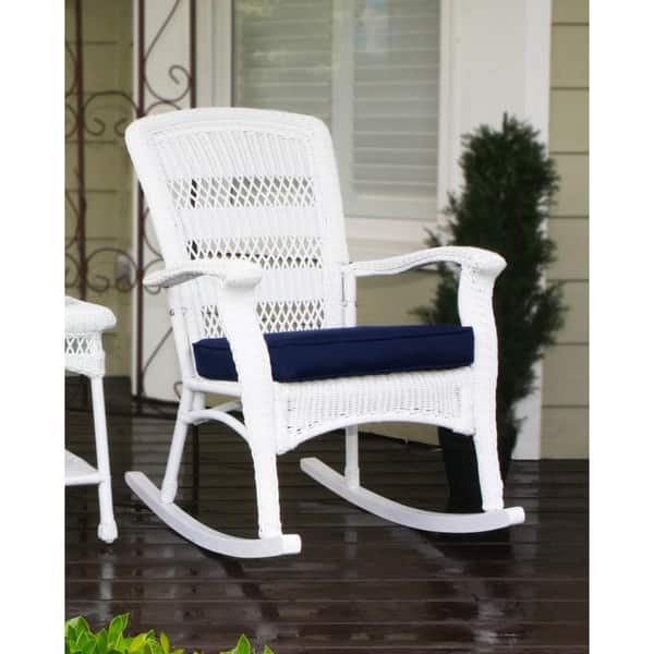 Tortuga- Portside Plantation White Wicker Rocking Chair Outdoor Furniture with Fade-Resistant Navy Cushion. (SET OF 2 Chairs) table included