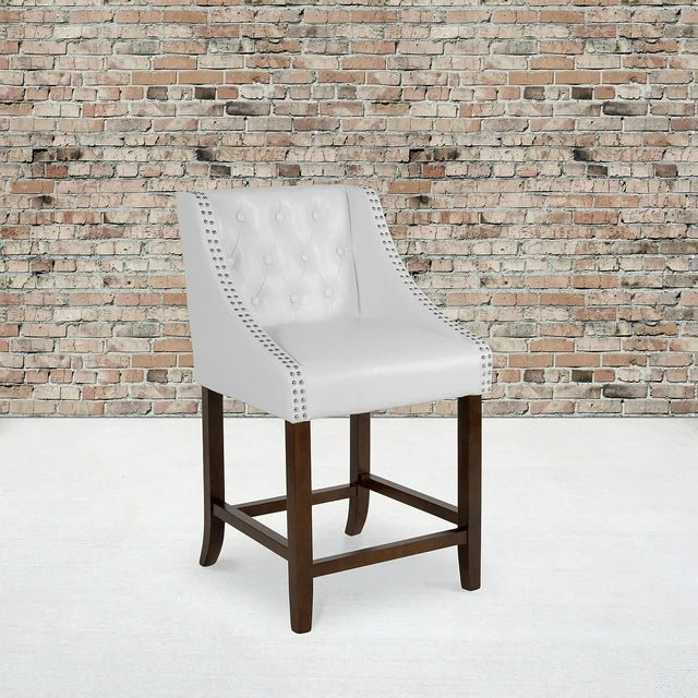 Carmel Series 24" Button Tufted Faux Leather Counter Stool - White/Walnut