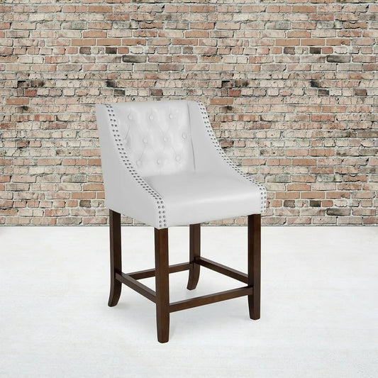 Carmel Series 24" Button Tufted Faux Leather Counter Stool - White/Walnut