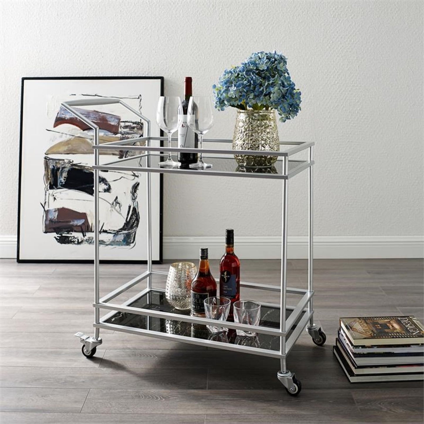 2-Shelf Caster Bar Cart with Handle - Silver