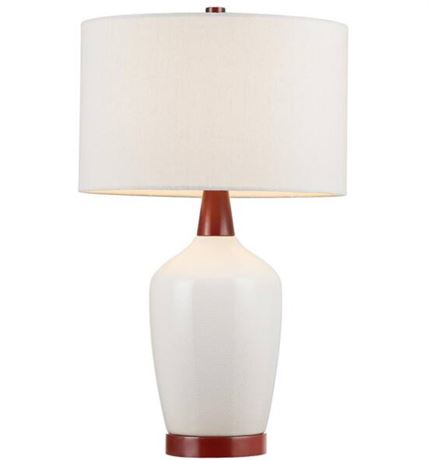 5 in. White Crackle Ceramic Table Lamp with Mahogany Wood Decorates- Set of 2