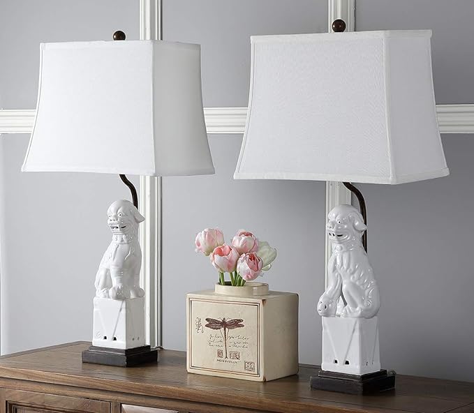 SAFAVIEH Lighting 28-inch White Foo Dog Table Lamp (Set of 2) - 14"x9"x28.5"
